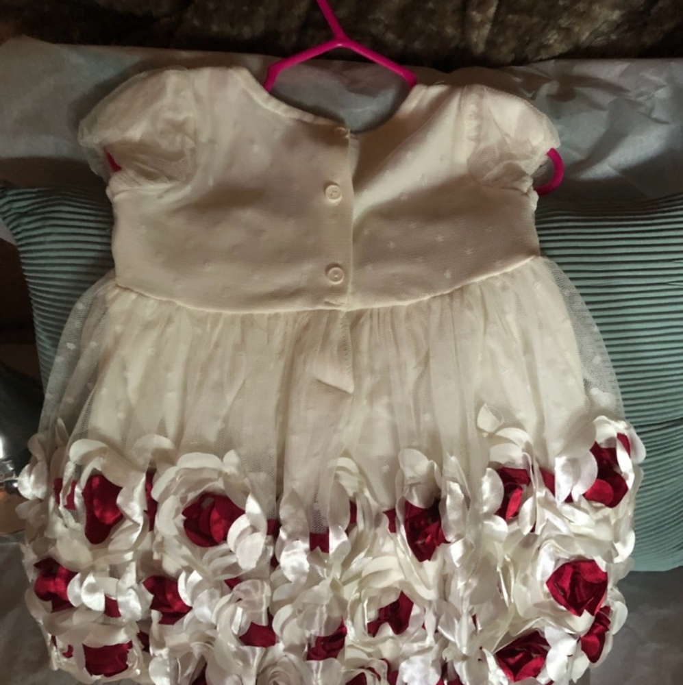 Ivory Infant Dress with Burgundy Rose Petals